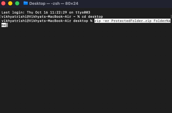 Open terminal and type zip  er protectedfolderzip foldername