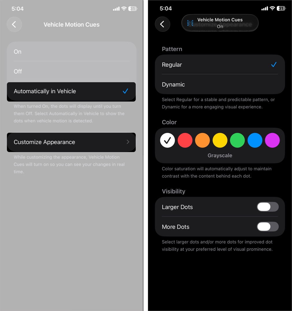 Select automatically in vehicle and tap customize appearance