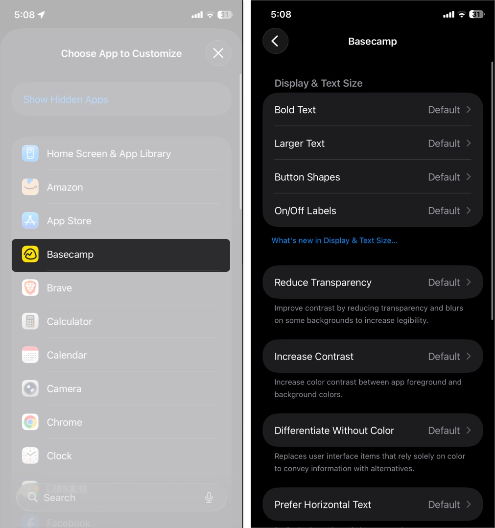 Select an app and adjust options