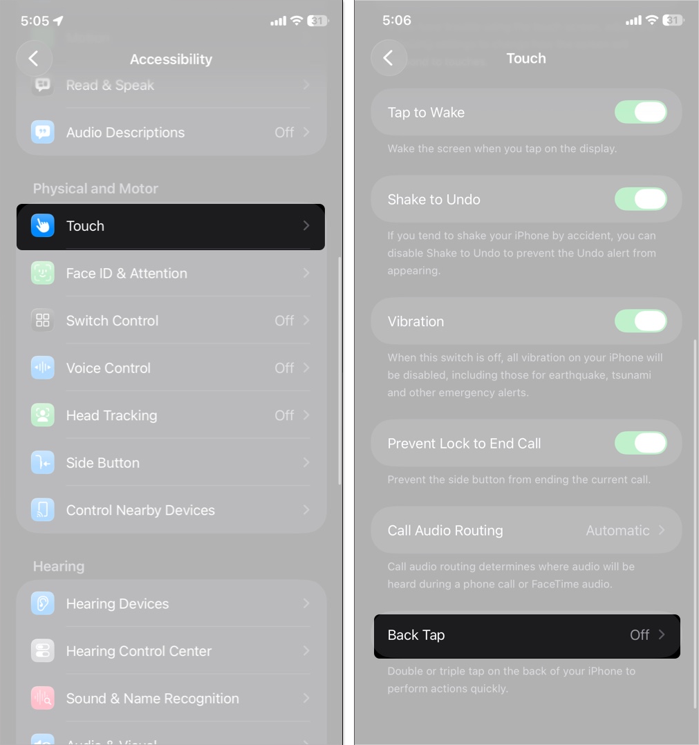 Settings accessibility touch back tap