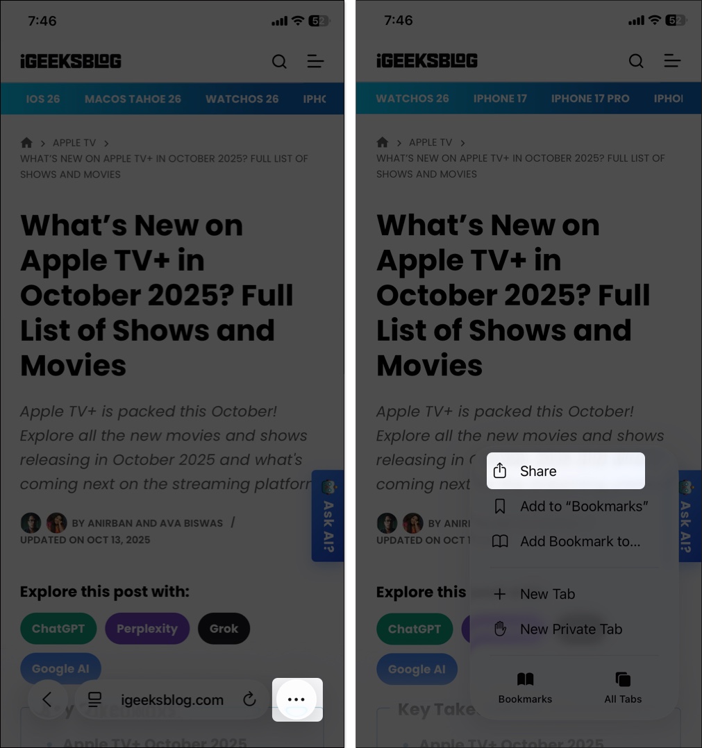 Tap the three dot icon and select share