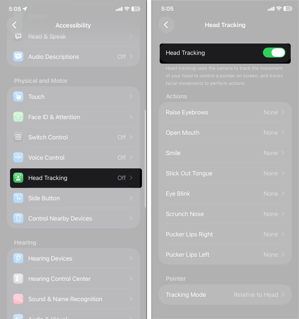 Toggle on head tracking