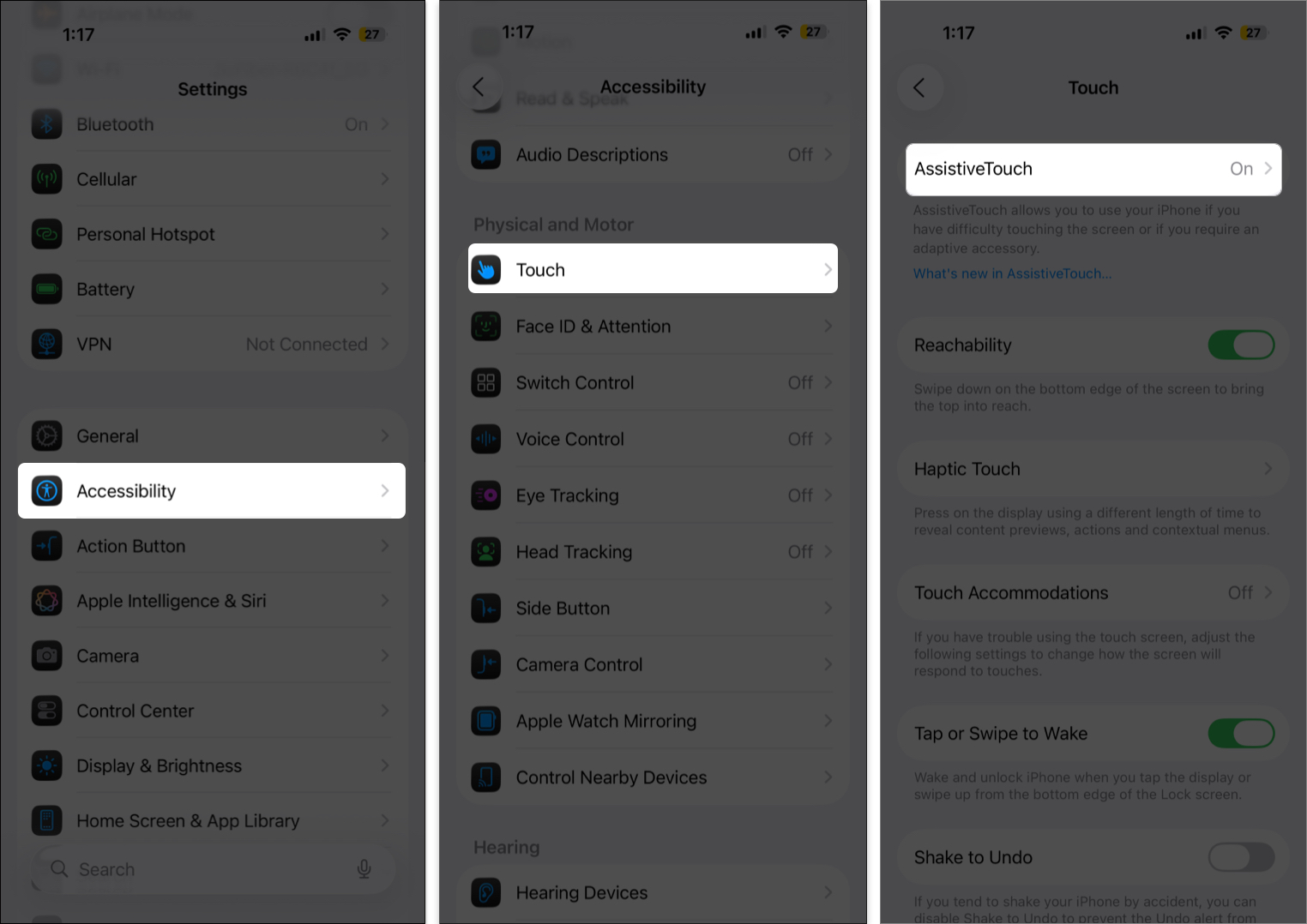 Access assistive touch settings