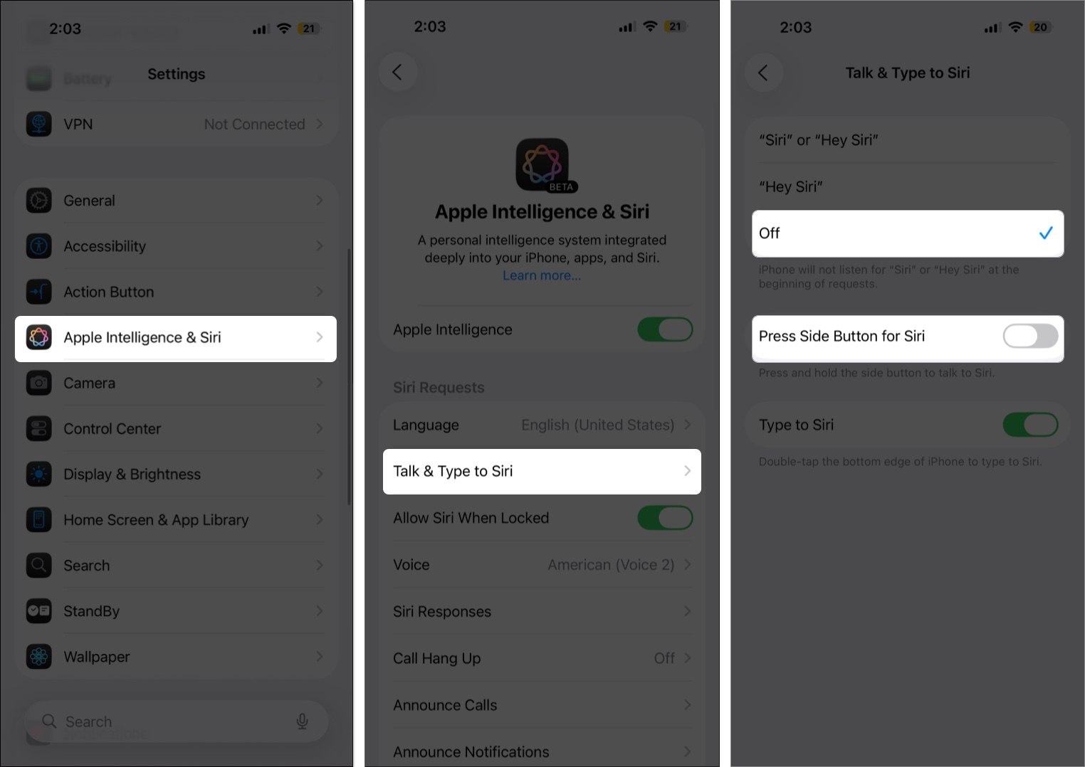 Disable siri from iphone settings