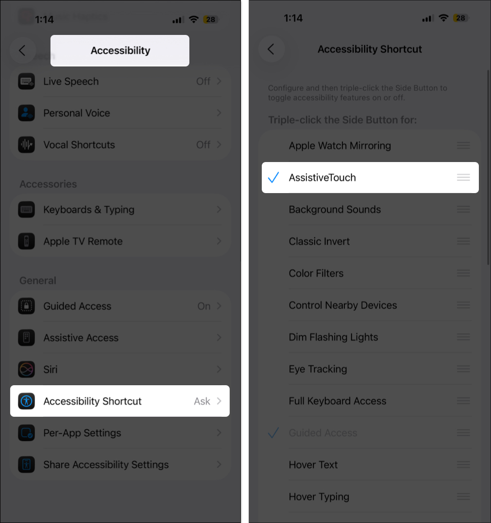 Select assistive touch from accessibility shortcut