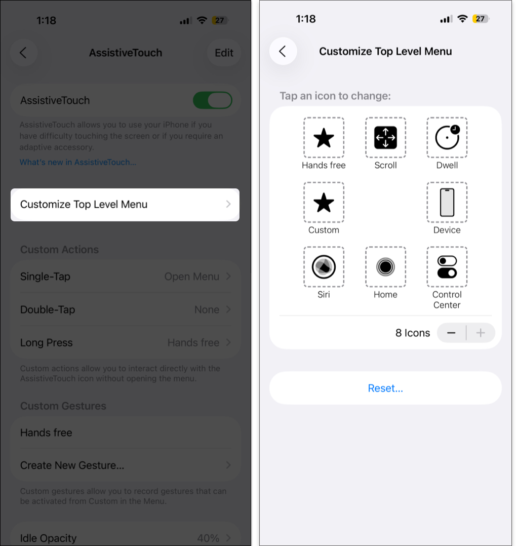 Tap customize top level menu