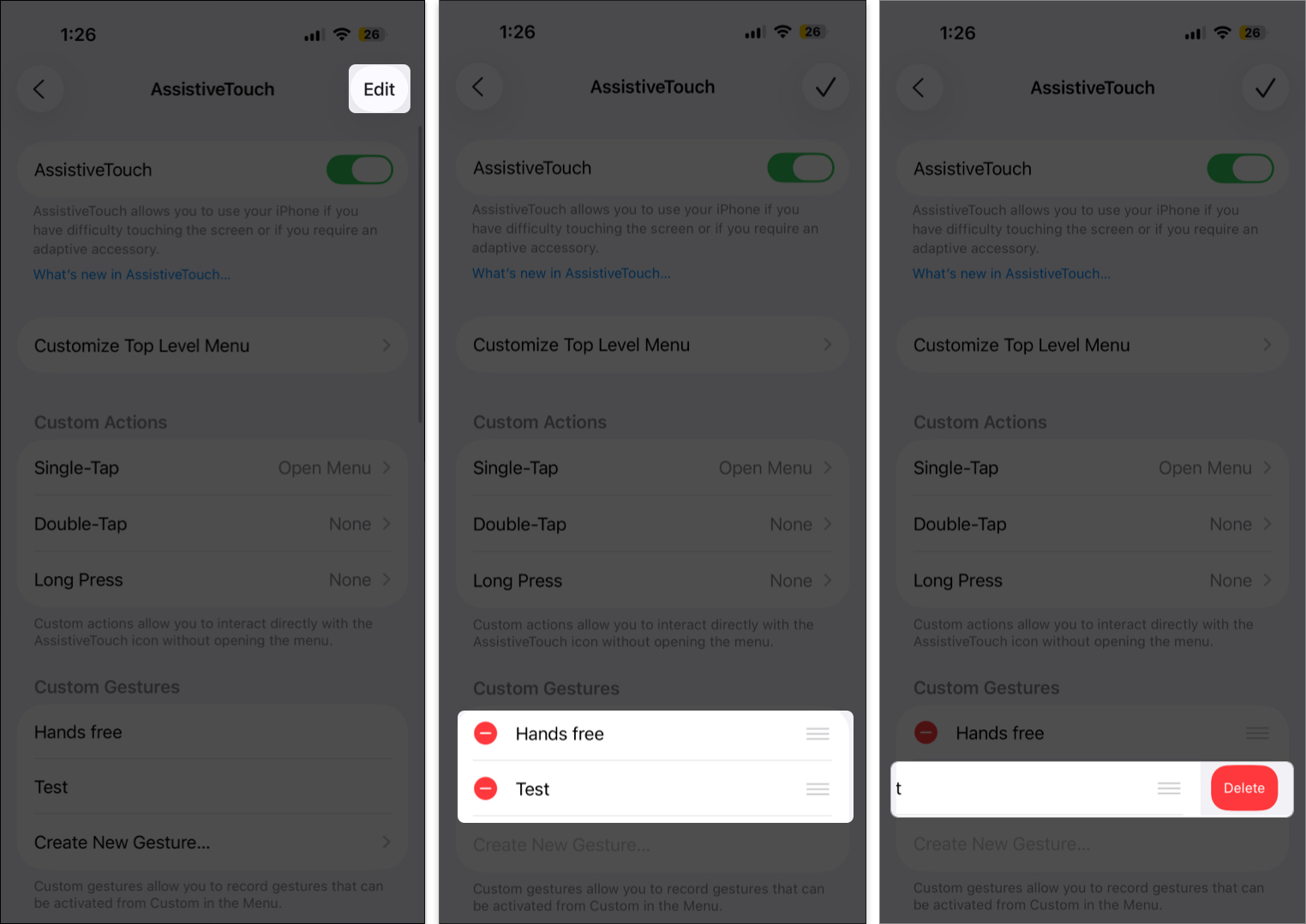Tap edit to delete new gesture