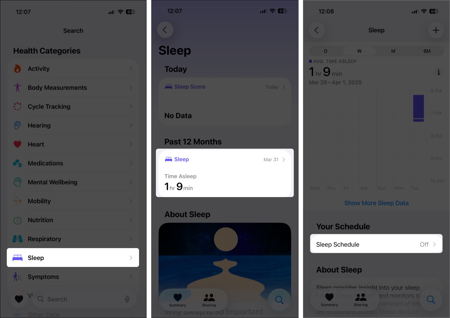 Toggle on sleep schedule in health app