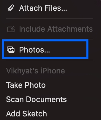 Choose attach files or photos in mac mail app