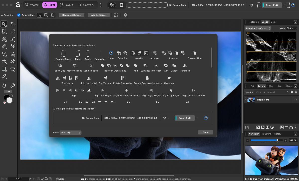 Customize options on affinity photo app