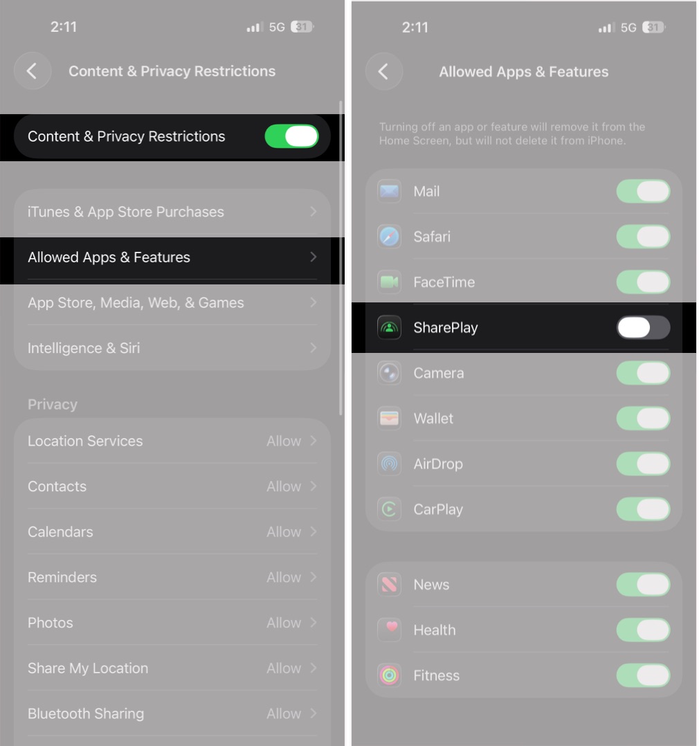 Disable shareplay using screen time
