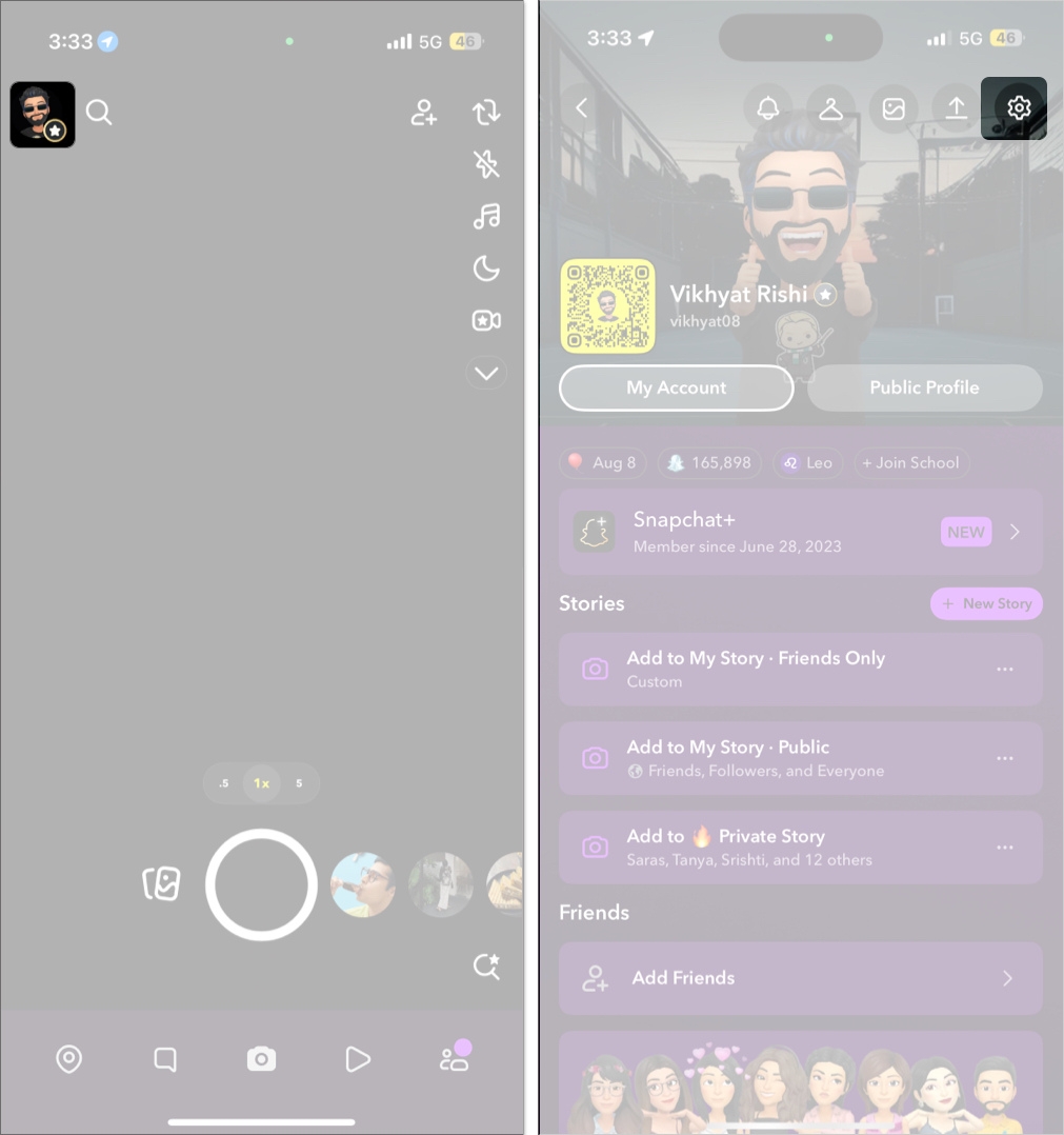 Open snapchat head to profile and tap on settings icon