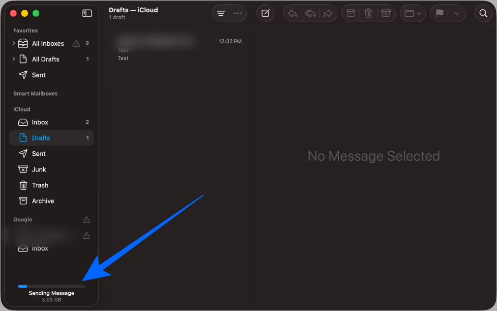 See the upload progress in the bottom left corner in macos mail app