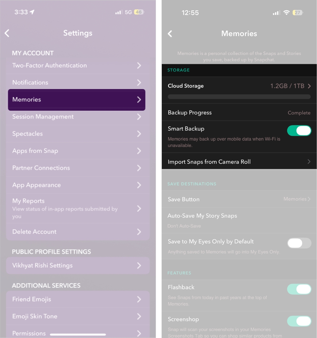 Tap memories to check available cloud storage