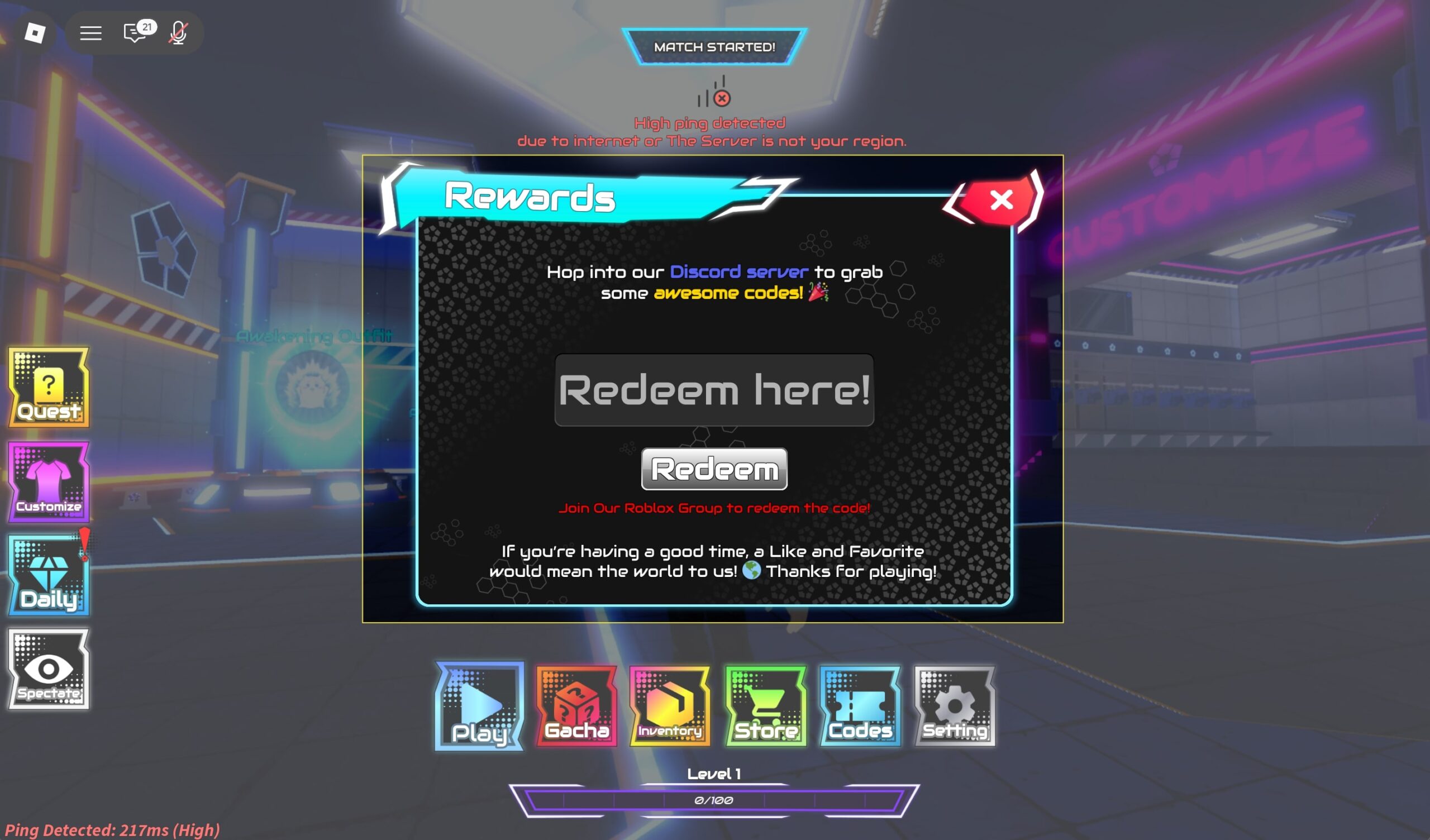 Type any working code and press redeem