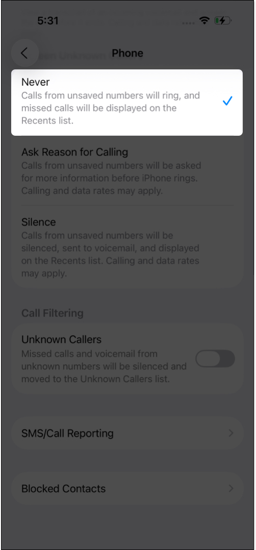 Call filtering for unknown numbers