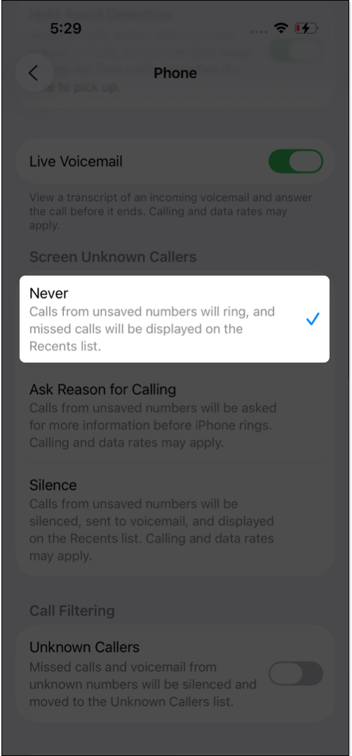 Set screen unknown callers to ask reason for calling