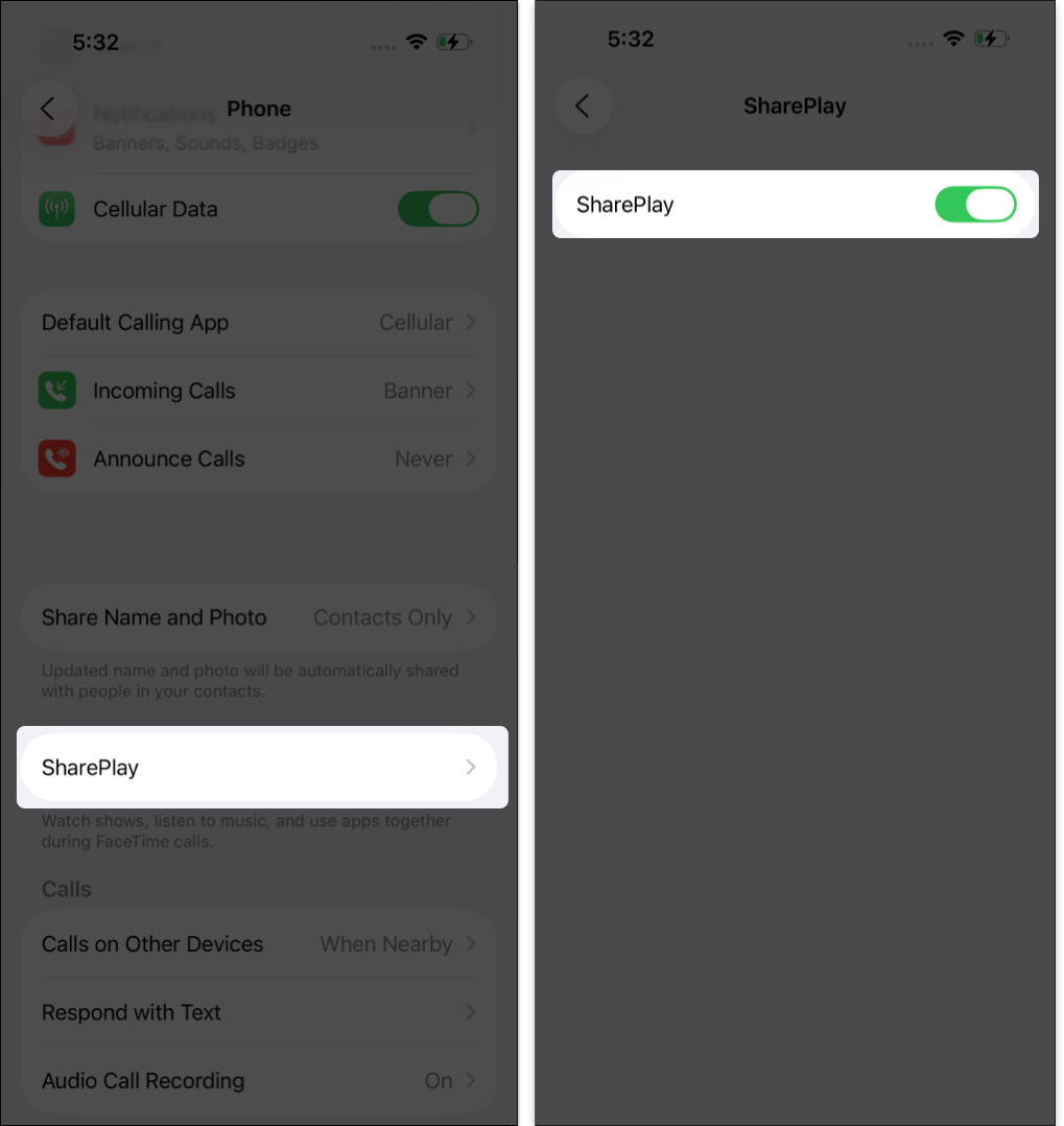 Toggle on shareplay from iphone setting