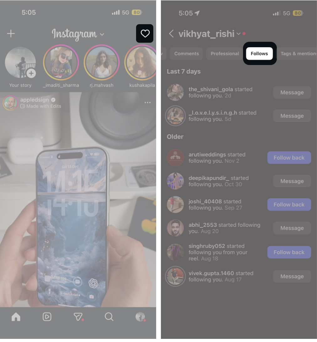 Check Recent Follows in Your Activity Section