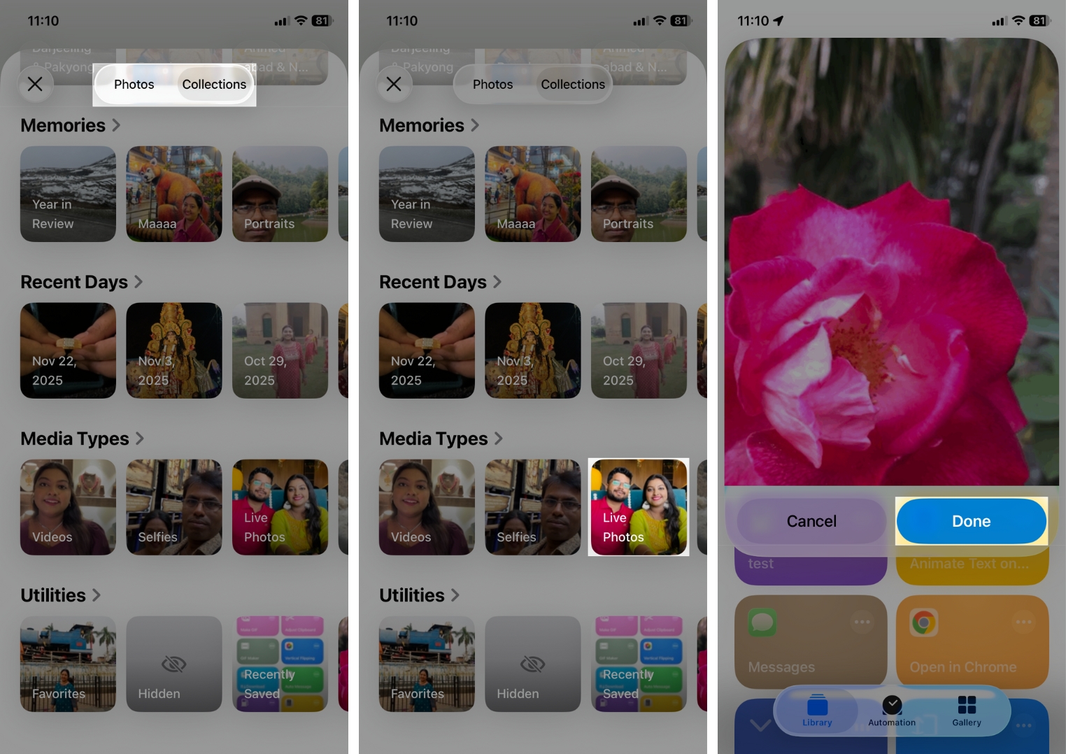 Go to Collections Choose Image From Live Photos and Tap Done