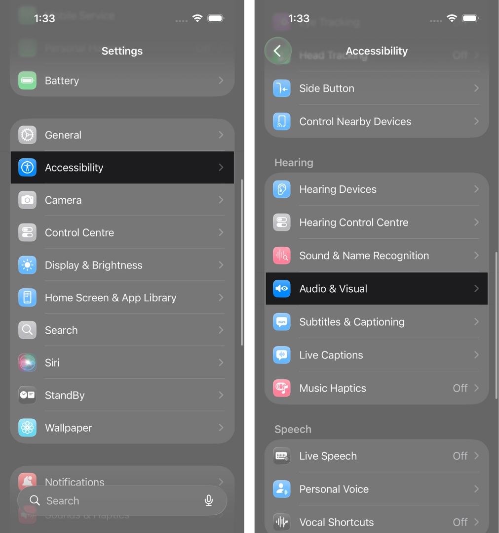 Go to Settings, Accessibility, Audio & Visual