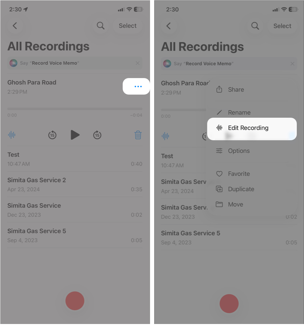 Open Voice Memos and tap More button and Choose Edit Recording