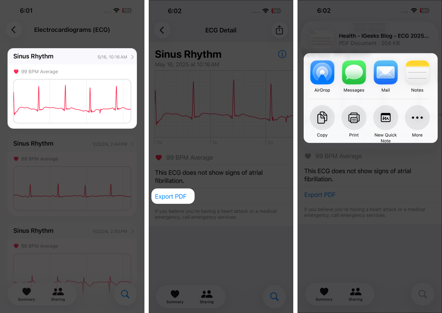Open Health, go to Heart > Electrocardiograms, select a reading, and tap Export a PDF.