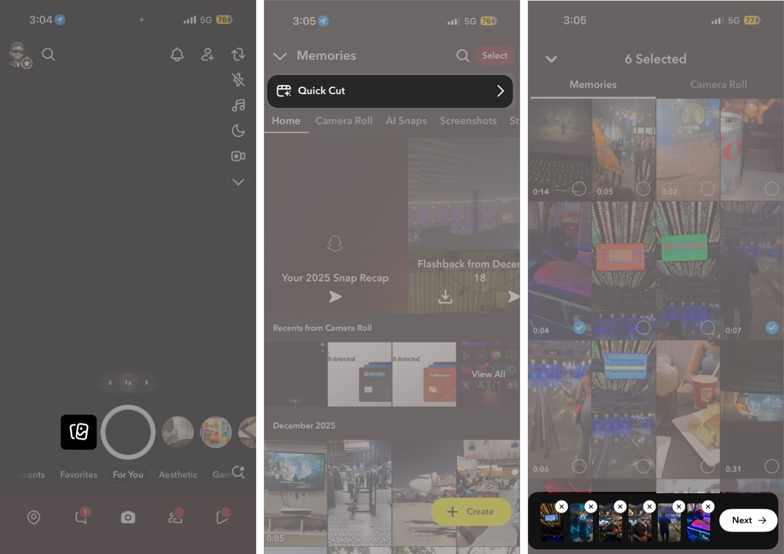 Open Memories, tap Quick Cut, select your media, and tap Next to auto-sync your video.