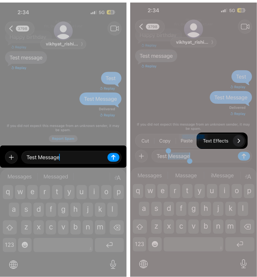 Open Messages, type your text, and select the portion you want to animate