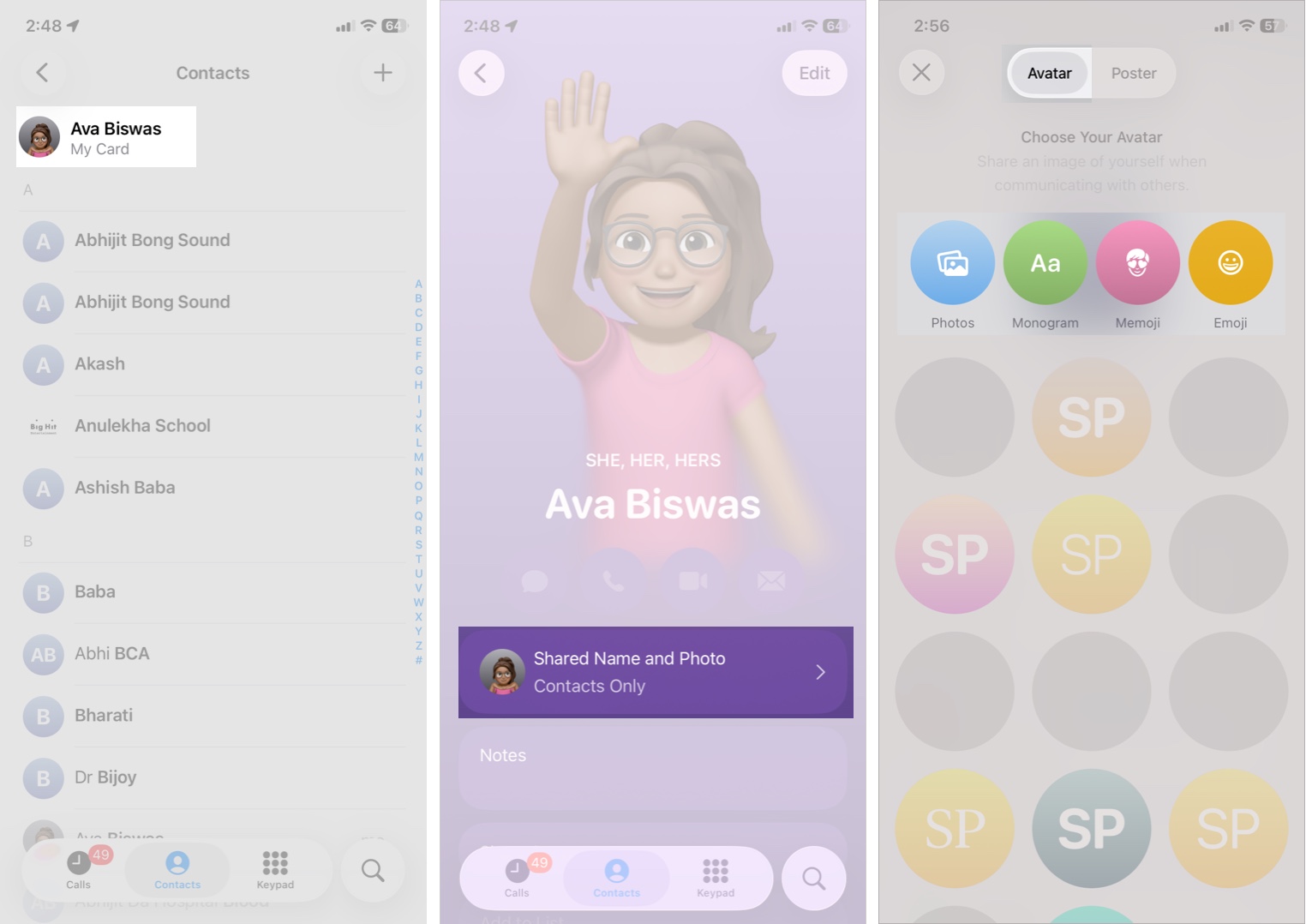 Open My Card, Tap Shared Name and Photo and Select Avatar
