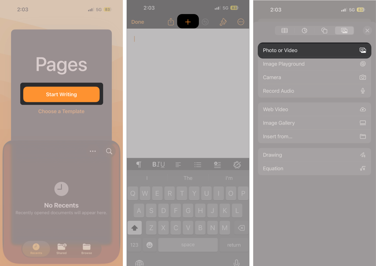 Open Pages, tap Start Writing, select +, then choose your image