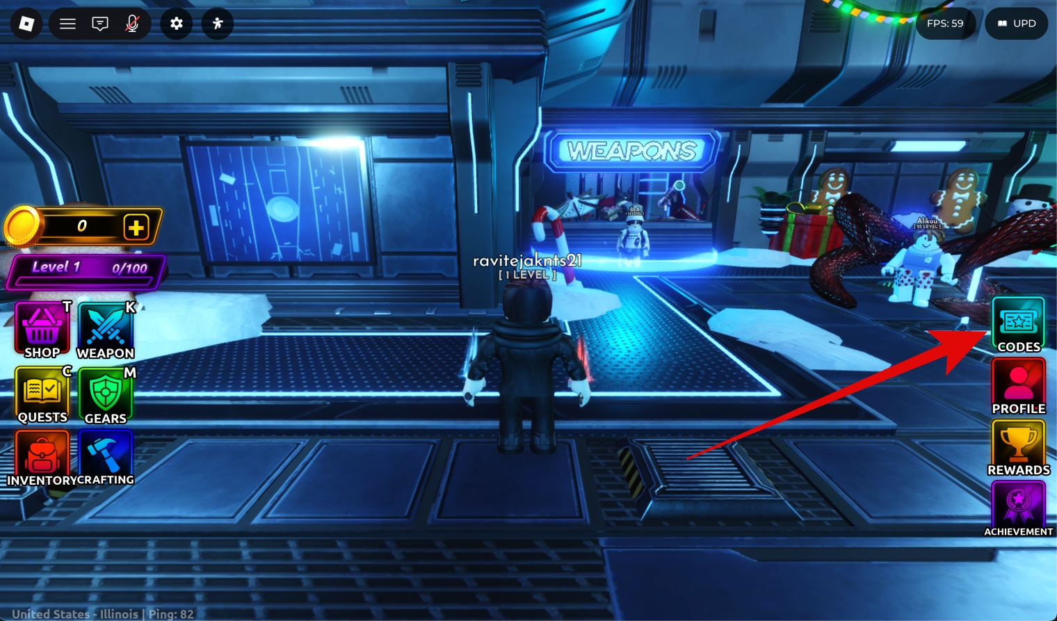 Open Roblox, launch Anime Final Quest, and click blue ticket Codes icon to enter codes