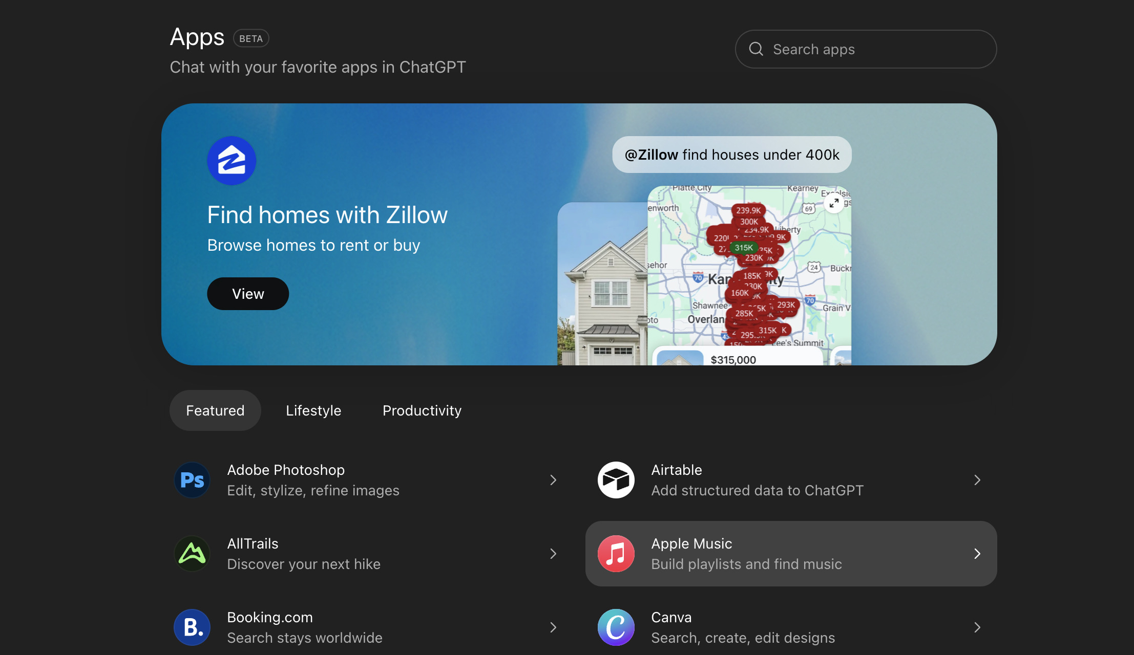 Open the Apps tab in ChatGPT