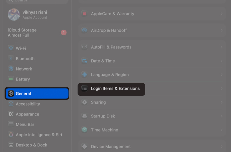 Open the Settings app and select General and click Login Items & Extensions