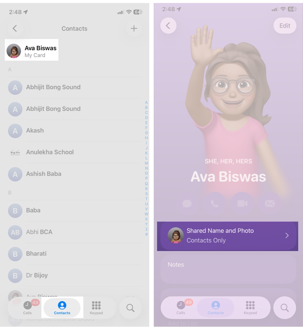 Phone app, Contacts, My Card, Shared Name and Photo