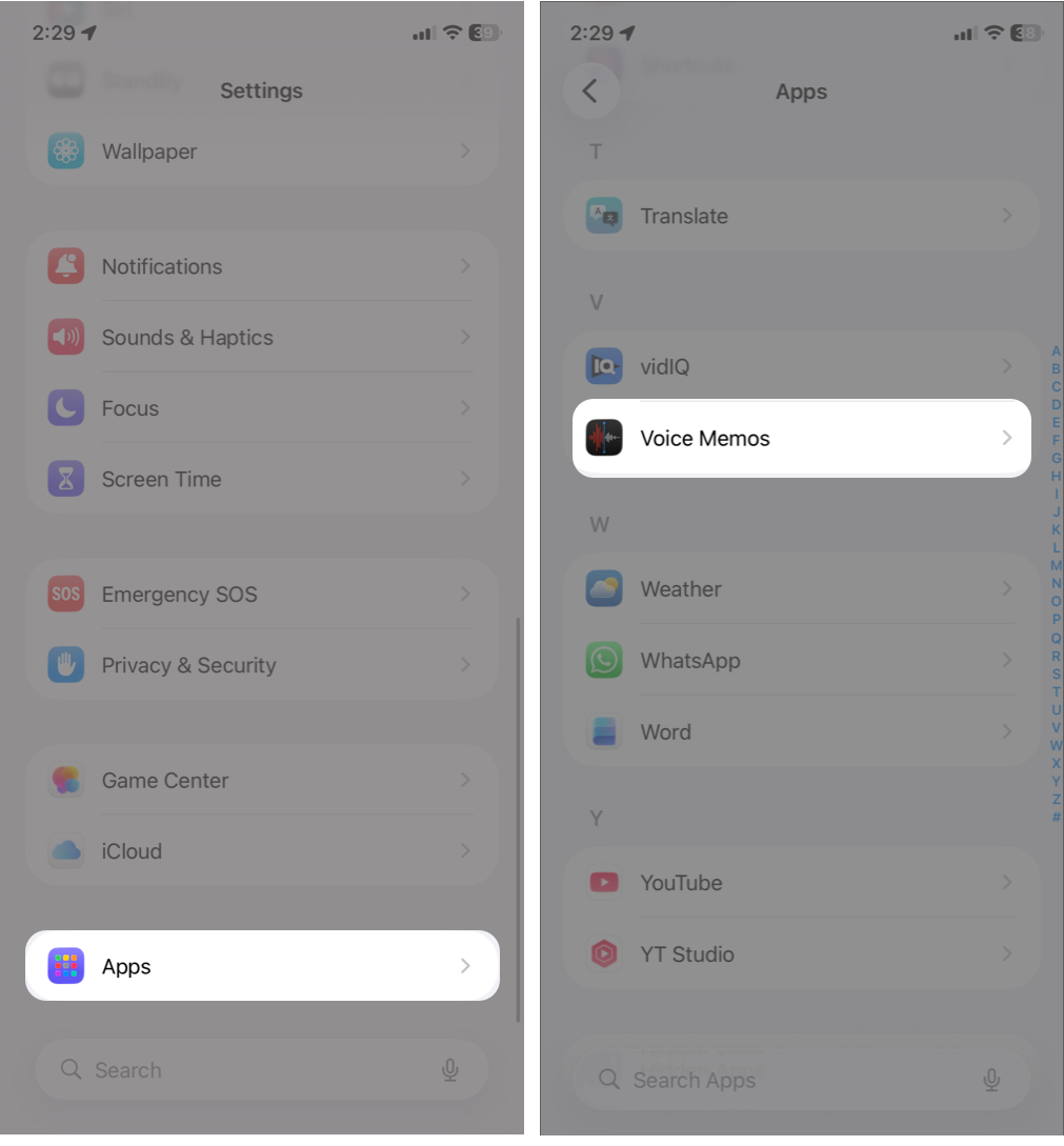 Go to Settings and then Apps and  click Voice Memos