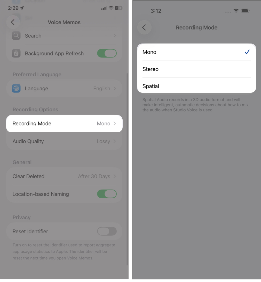 Tap Recording Mode.
Select from giving otipons