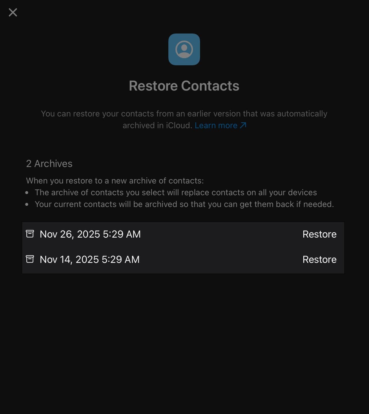Delete Multiple Contacts on iPhone Restore next to the contact