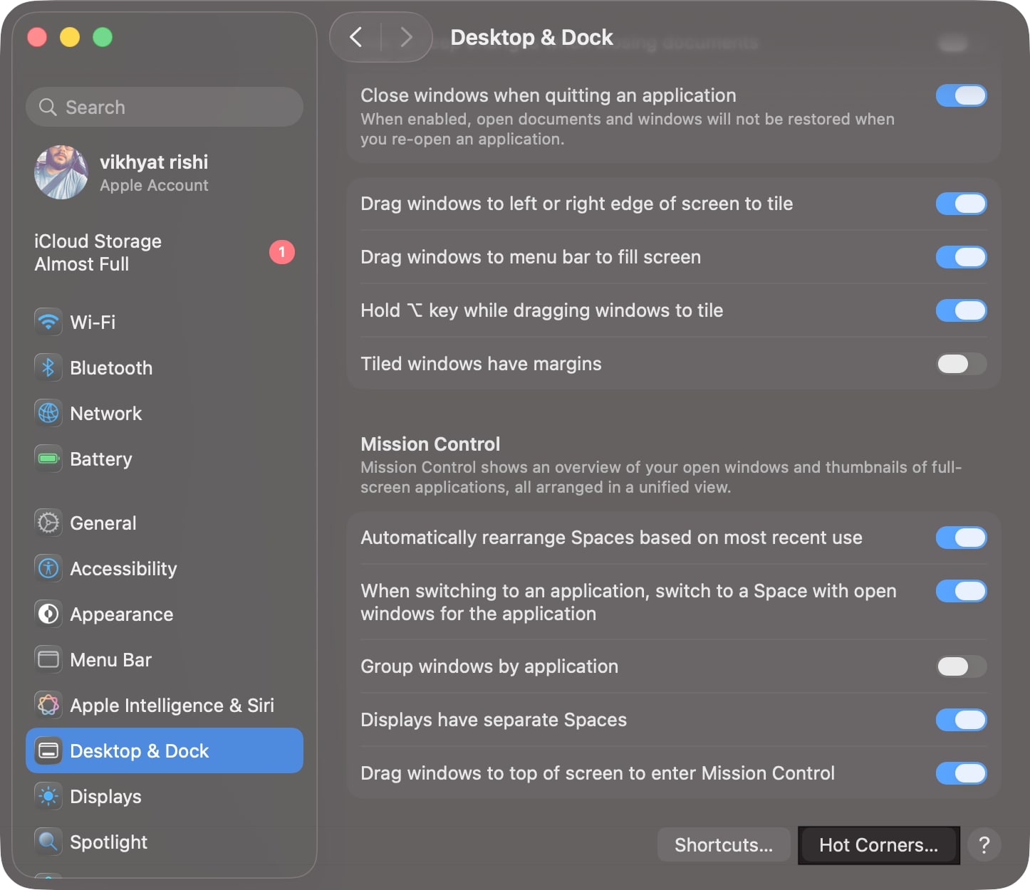 Select desktop dock in sidebar and click hot corners button