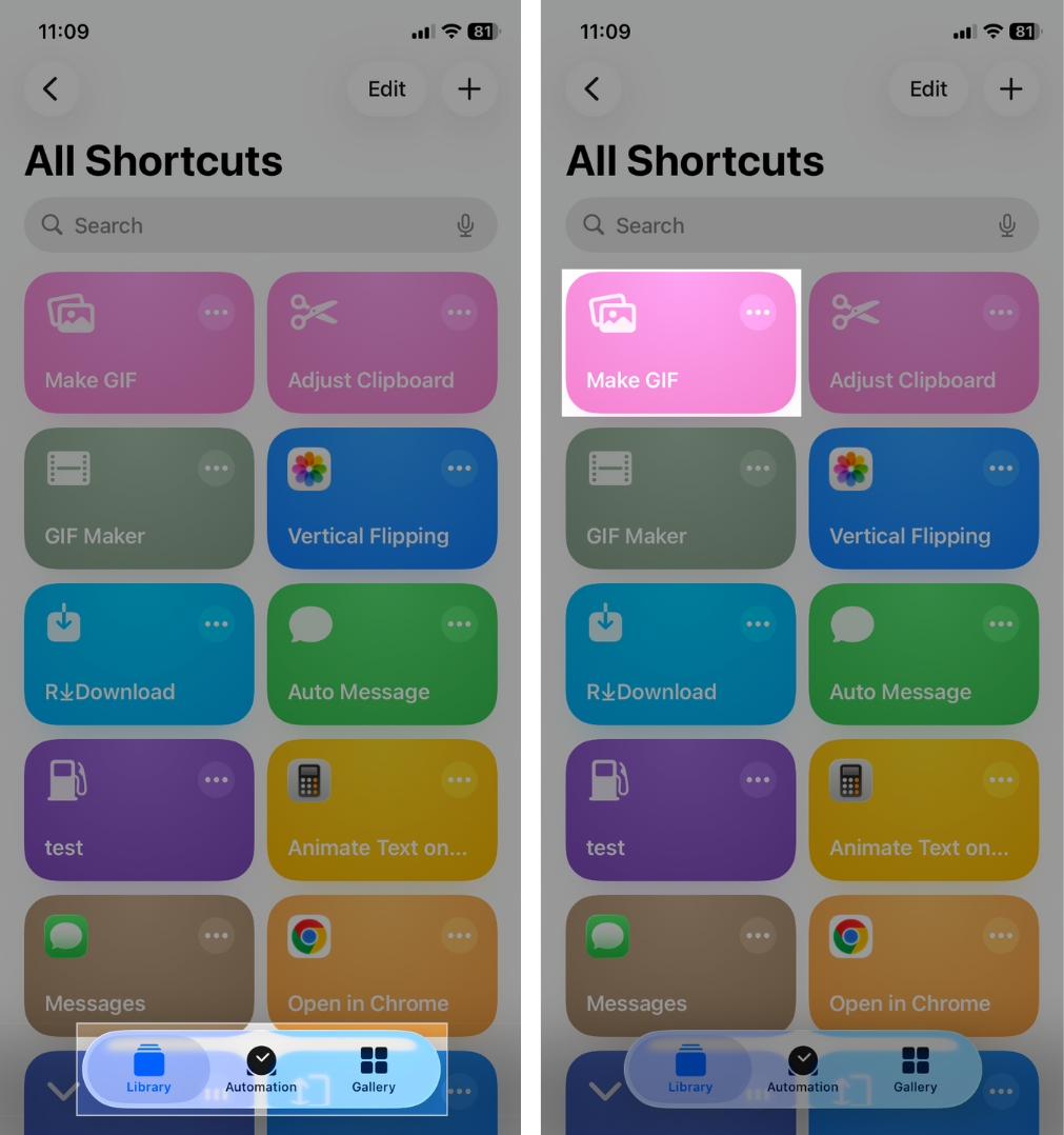 Tap Library at Bottom and Tap Make GIF Shortcut