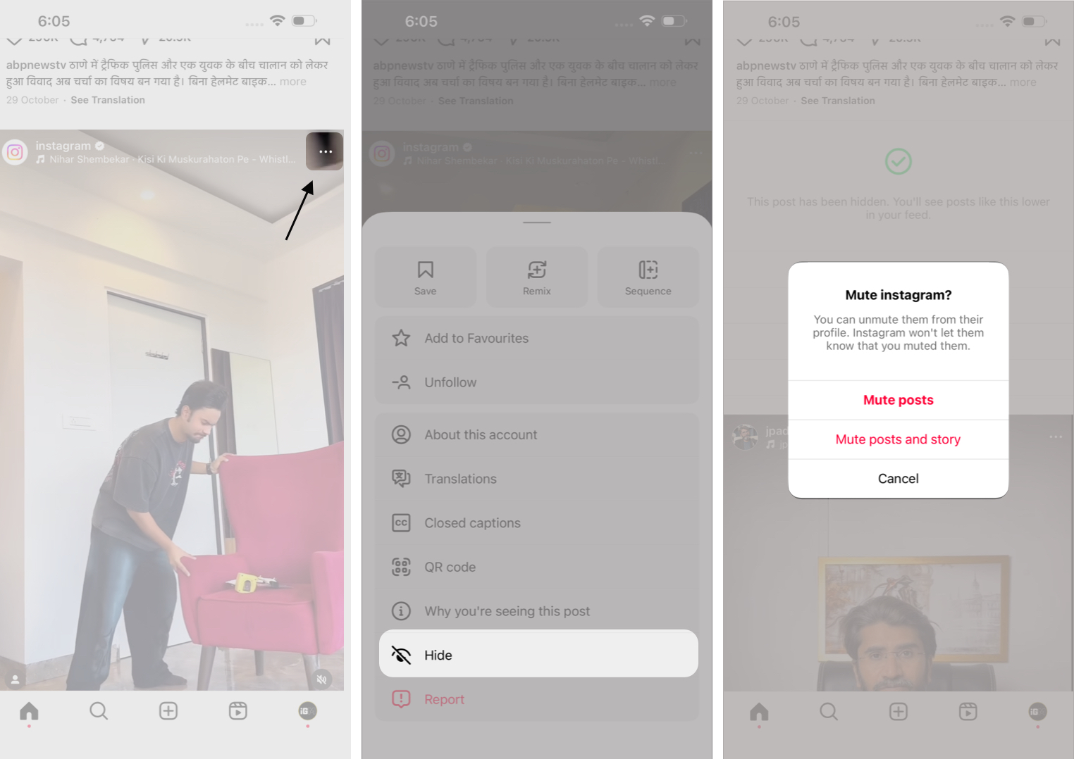 Tap the Three-Dot Menu on a Post, Select Hide, Choose Mute, and Select Your Mute Options.