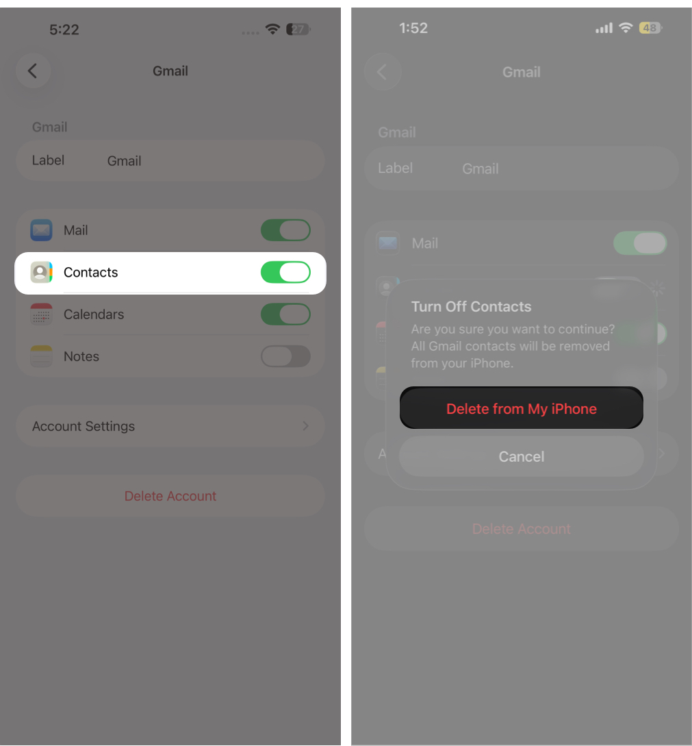 Toggle off Contacts and confirm by tapping Delete from iPhone