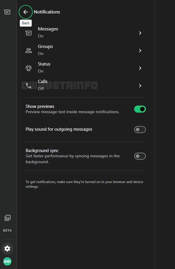 WhatsApp Web testing browser controls for call notifications