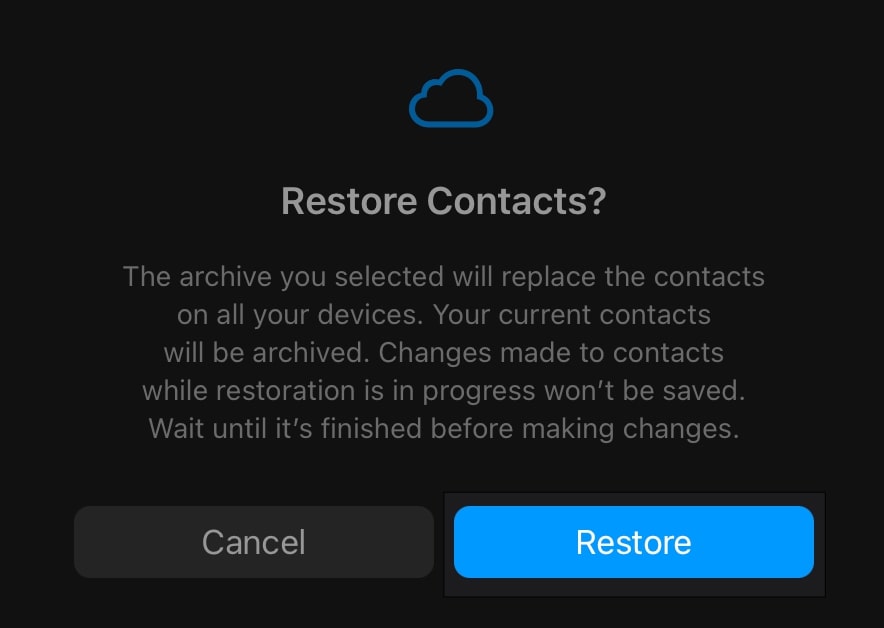 Click the Restore button to confirm