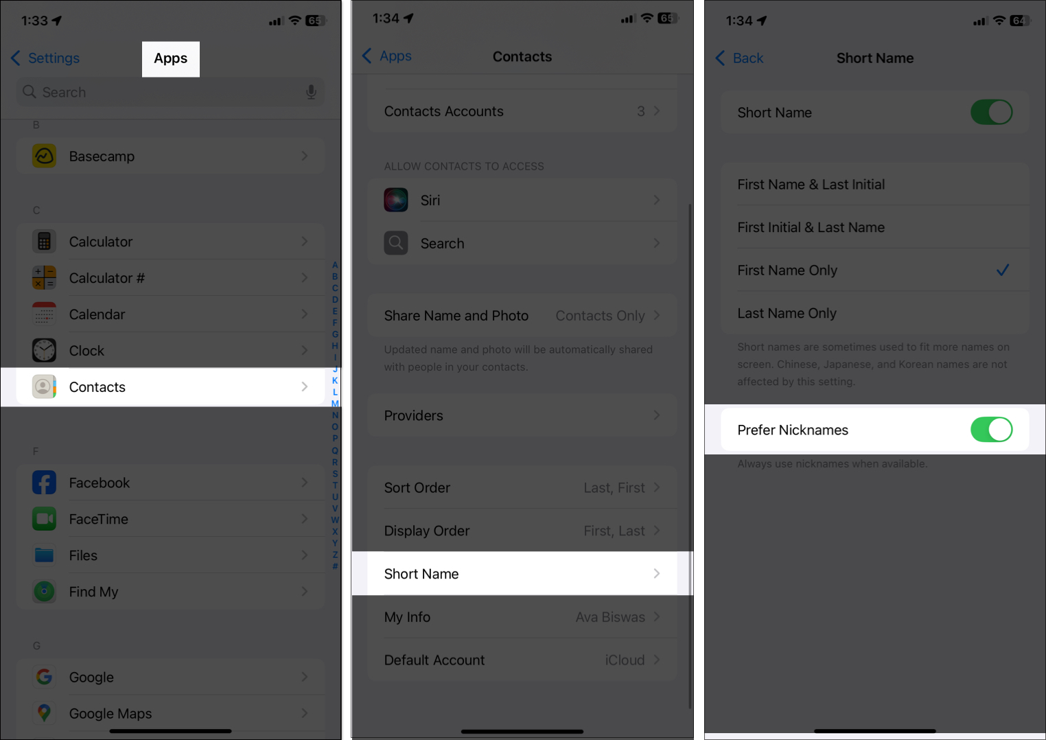 navigating to Contacts in iPhone's settings app and toggling on Prefer Nicknames in Short name page