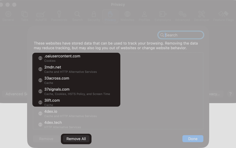 Clear Safari cache and website data