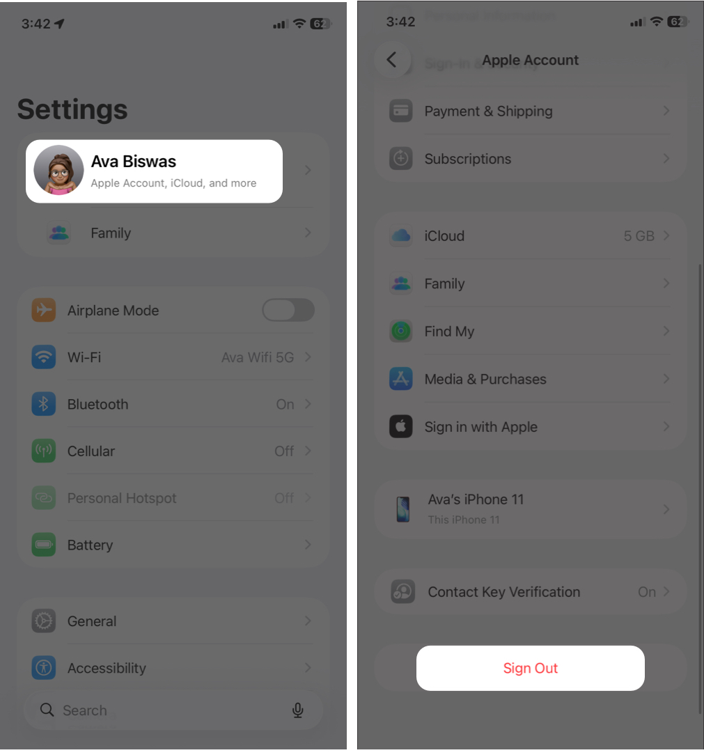 Go to Settings, Tap Your Name, Scroll Down, and Tap Sign Out.