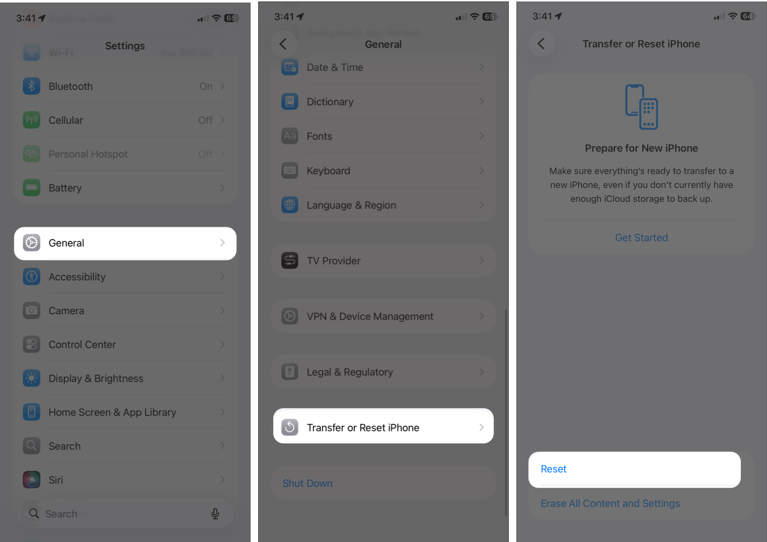 Go to Settings, then General, and select Transfer or Reset iPhone.