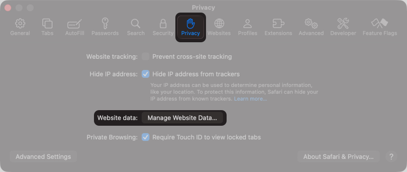 In The Privacy Tab Click The Manage Website Data Button