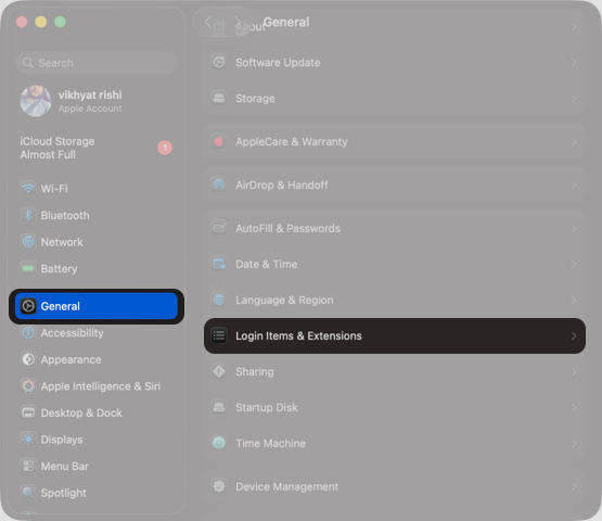 Open Settings Tap on General and Login Items & Extensions